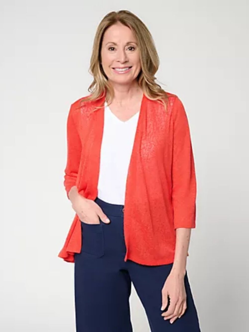 Denim & Co. Slub Knit Open Front 3/4-Sleeve Cardigan, Red Sz L a721692
